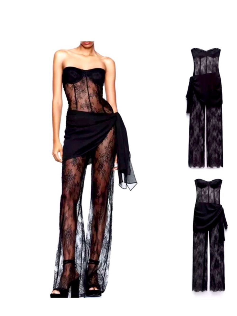 Zara Black Lace Strapless Sheer Jumpsuit w/ Draped Wrap – Size M (Runs Small)